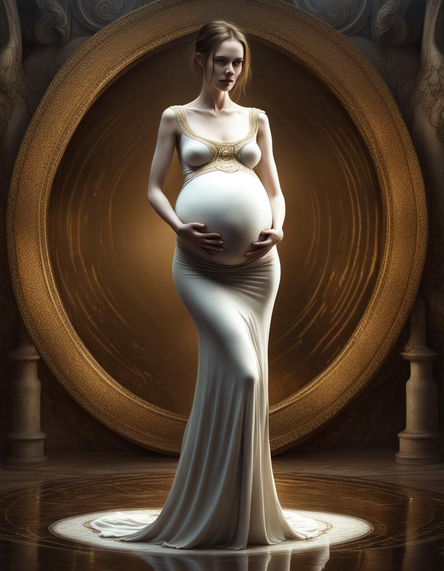 Beautiful Pregnant Woman with Twins in Gold Dress