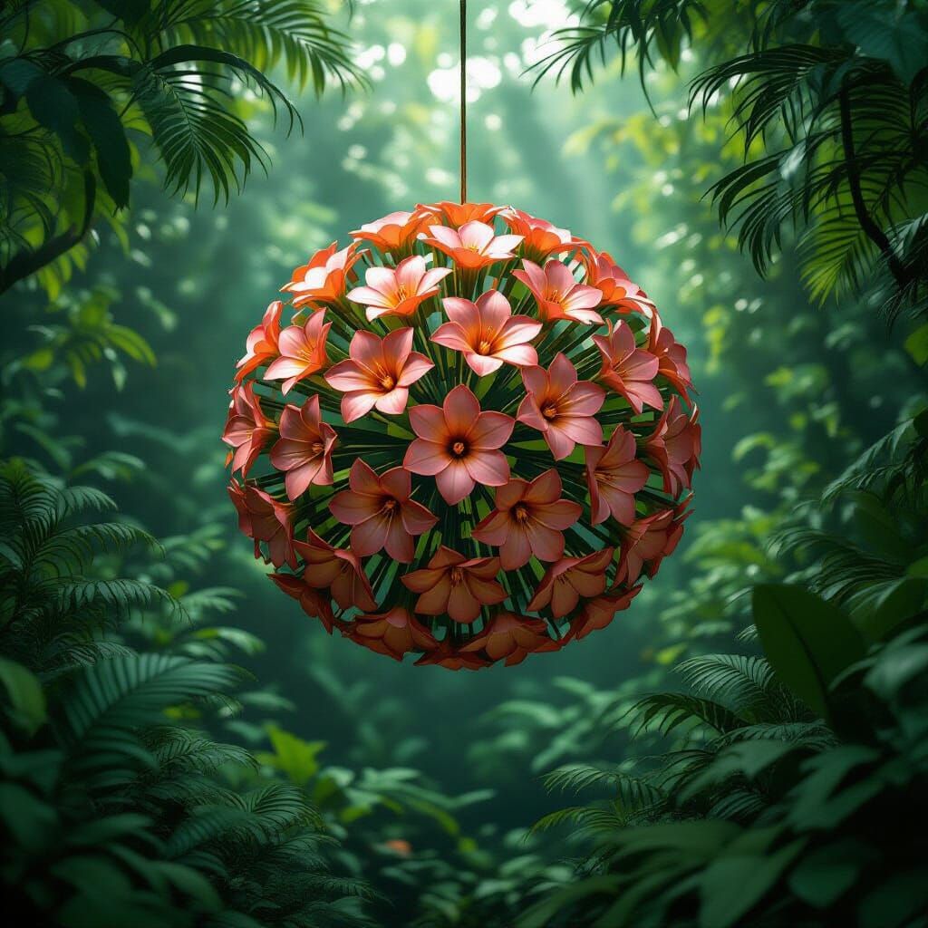 Fibonacci Flowers Floating in Jungle, Cinematic Still