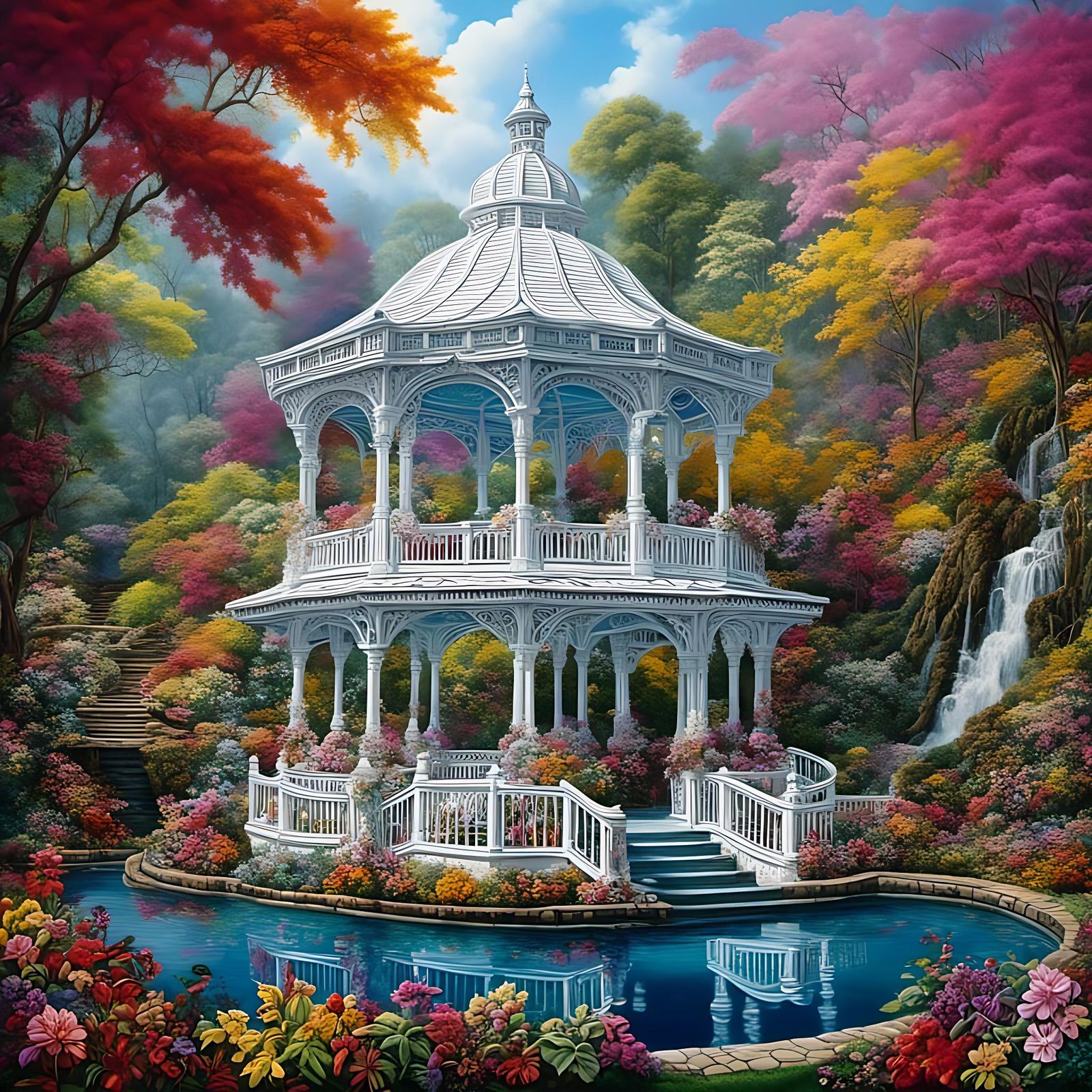 Gazebo by Waterfall in Photorealistic Style