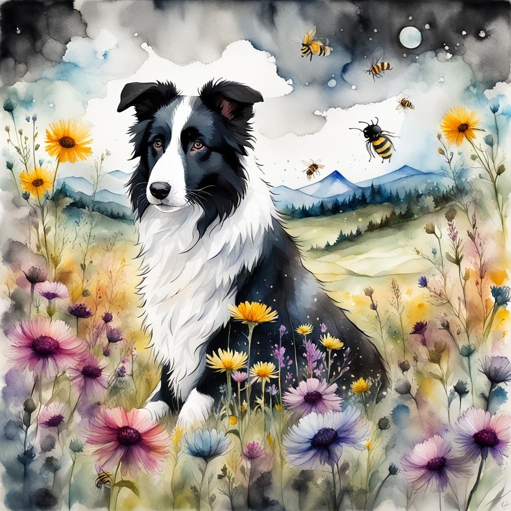Collie Puppy in Wildflower Field, Watercolor Painting