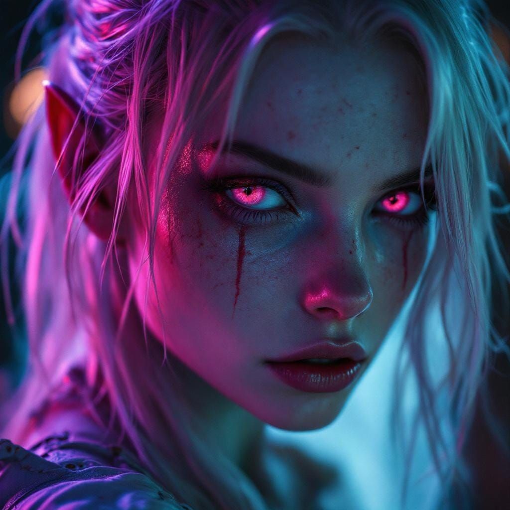 Pink-Eyed Half-Orc Portrait in Dark Fantasy Style