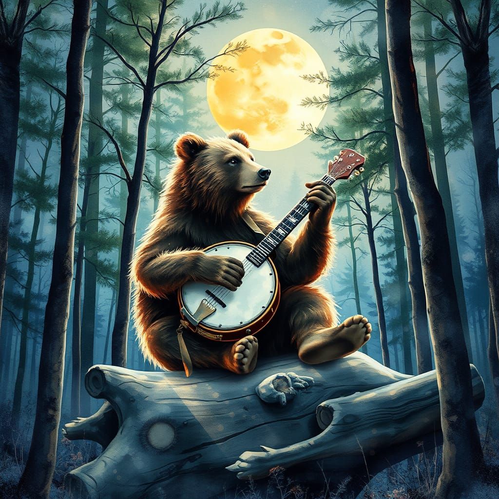 Bear's Banjo Serenade in Moonlit Woods