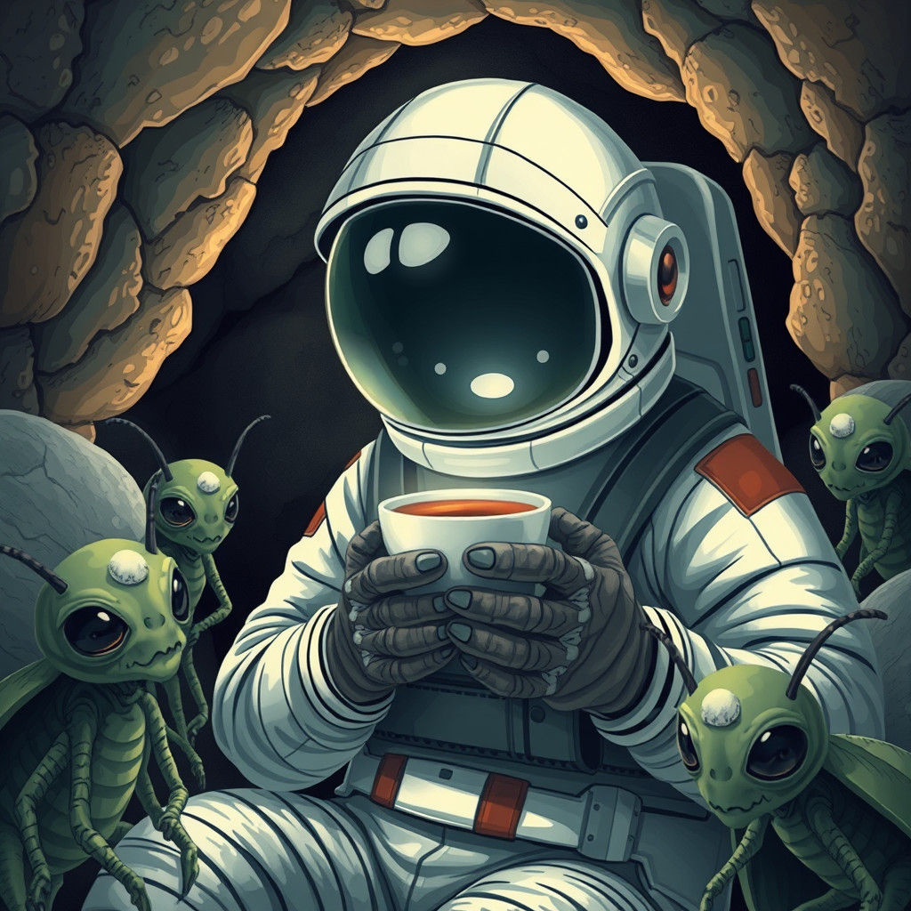 Astronaut's Tea Party with Bug Aliens in Cave