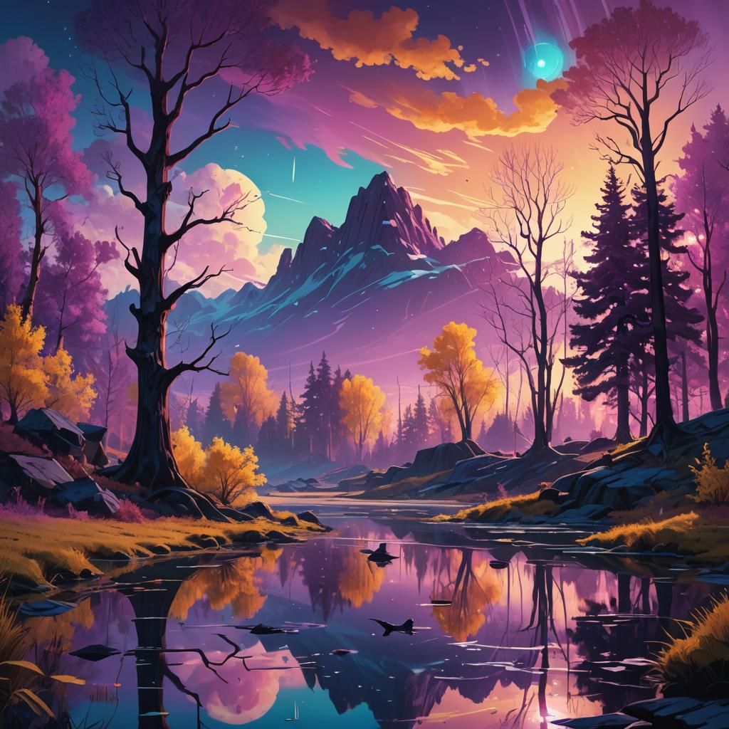 Fantasy Pond with Northern Lights: Matte Painting