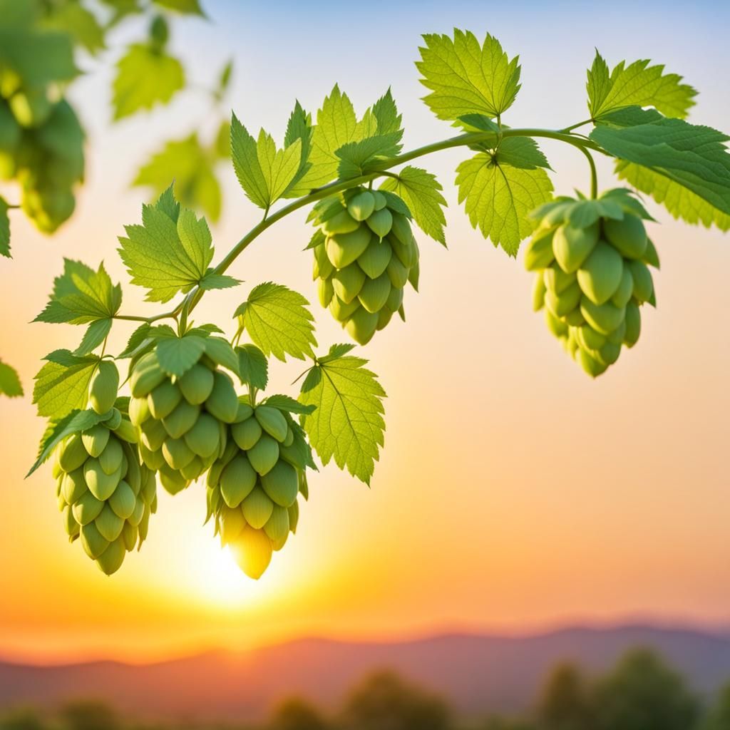 Hop bines on sunset