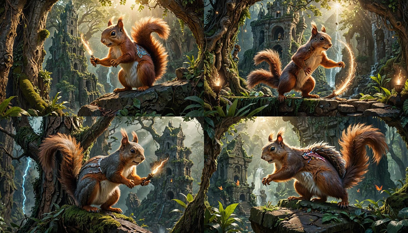 Squirrel Sorcerer Defends Ruins in Hyperrealistic Fantasy