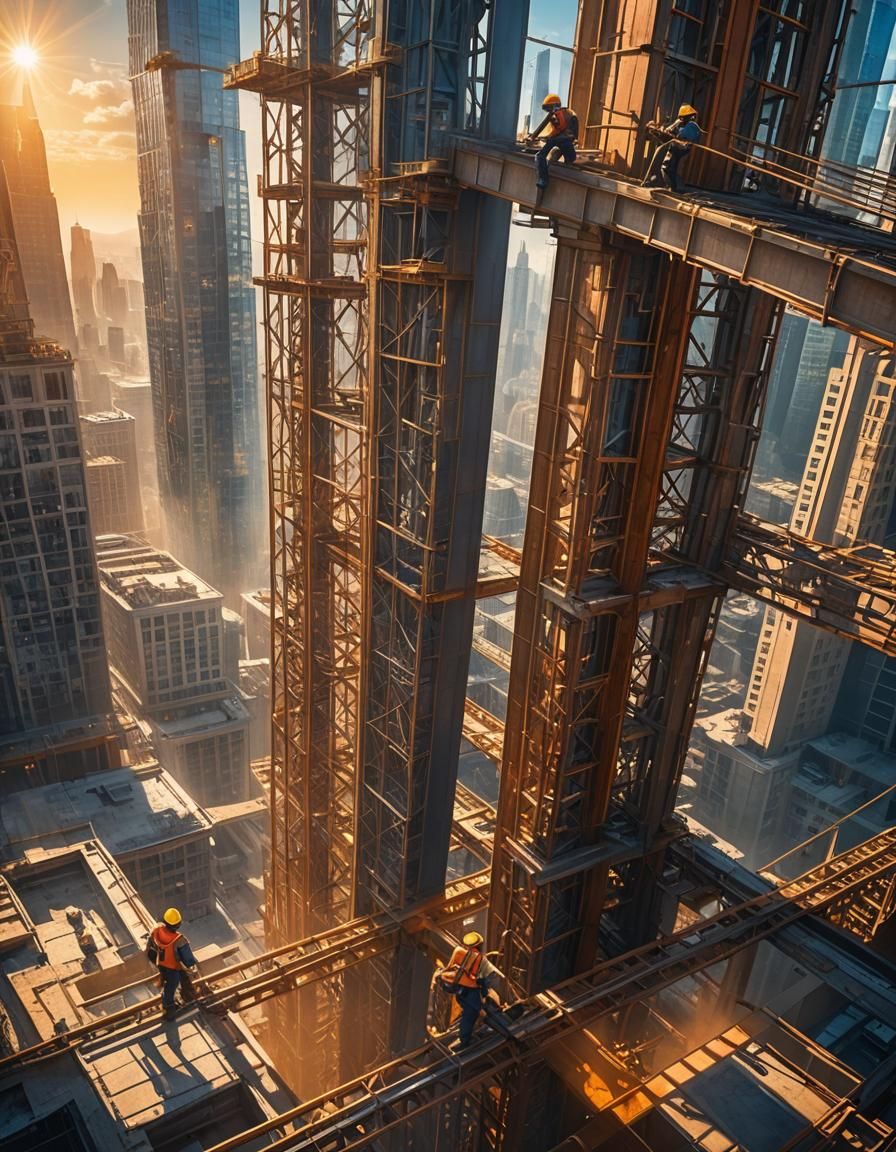 Construction Workers Maneuvering Beam on Skyscraper