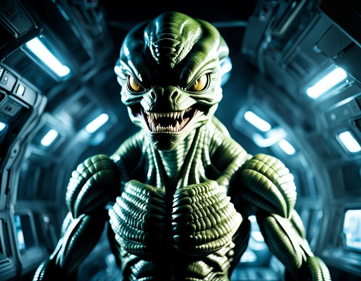 Terrifying Reptilian Alien Officer in Starship Interior