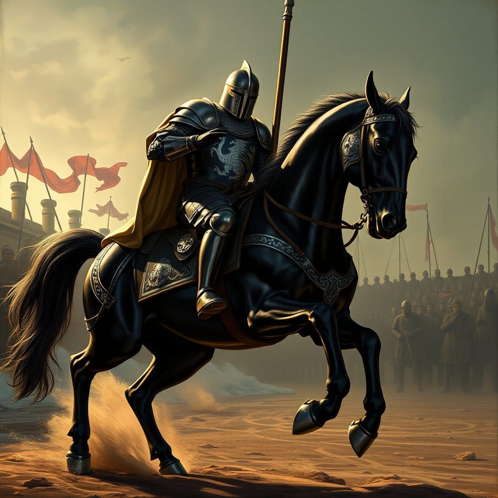 Chivalrous Knight in Black Armor Rides Majestic Black Stalli...