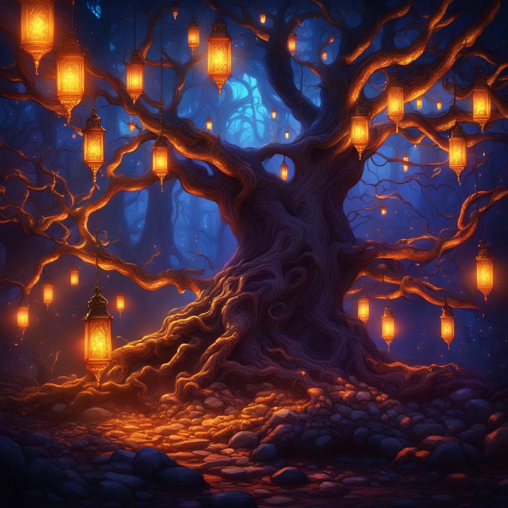 Luminescent Tree of Lamps in Fantasy Forest