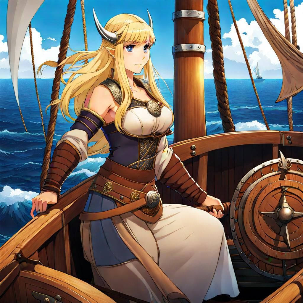 Anime Viking Woman on Longship at Sea