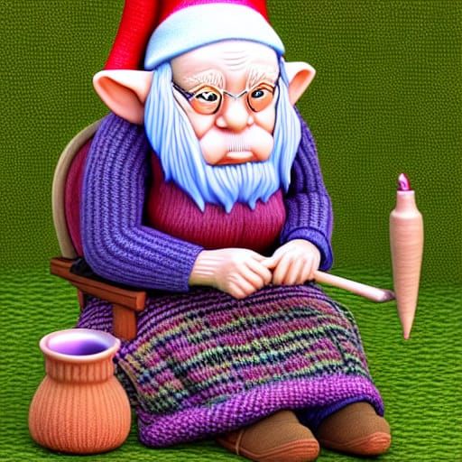 Elderly Gnome Knitting: Photorealistic Fairycore Fantasy