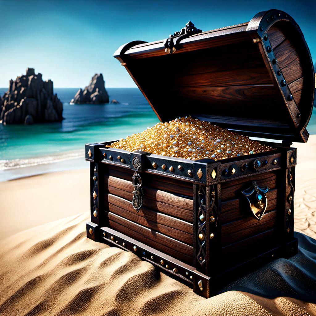 Treasure chest sitting on top of a sandy beach