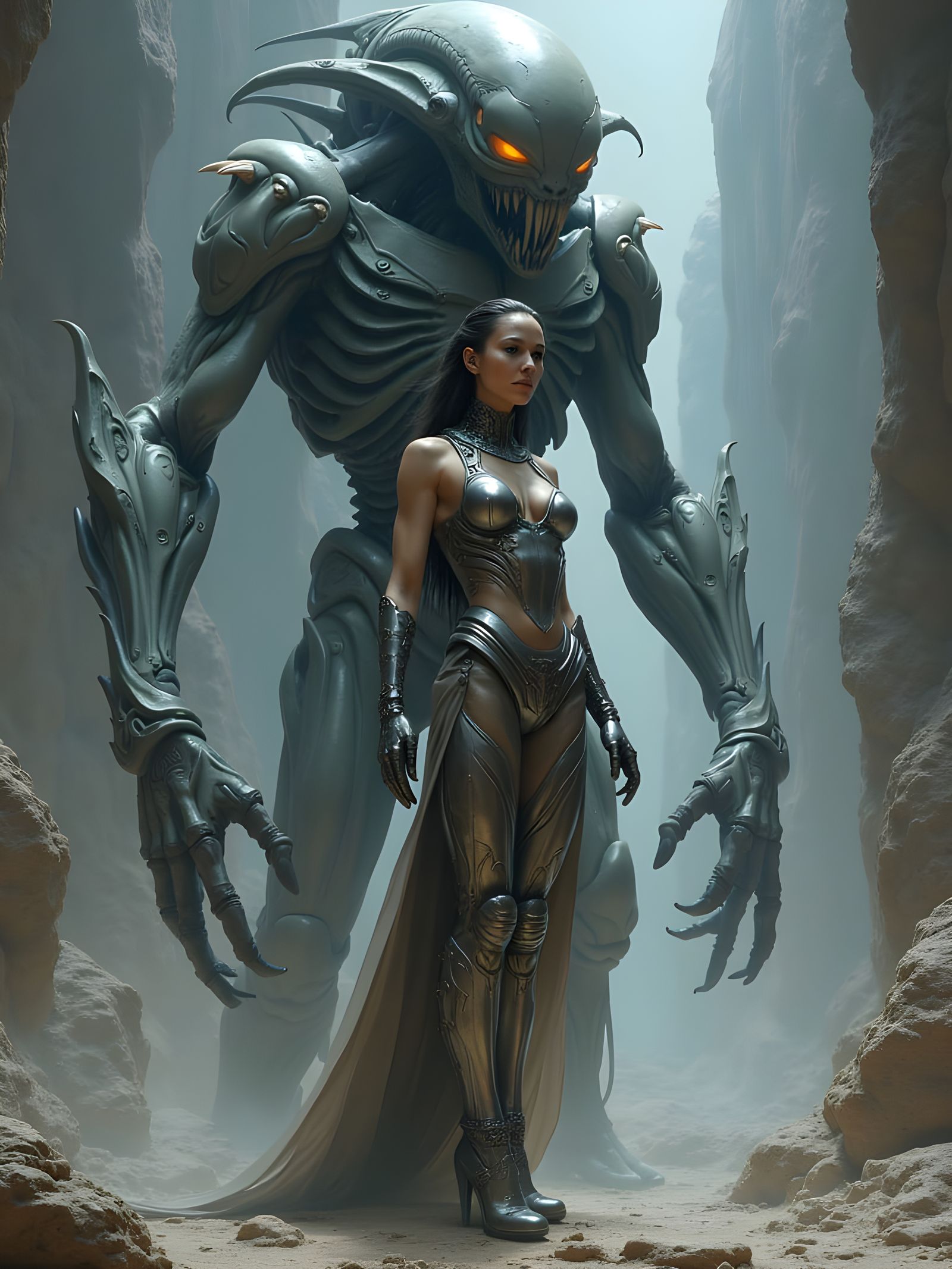 Female Warrior in Alien Armor with Biomechanical Guardian
