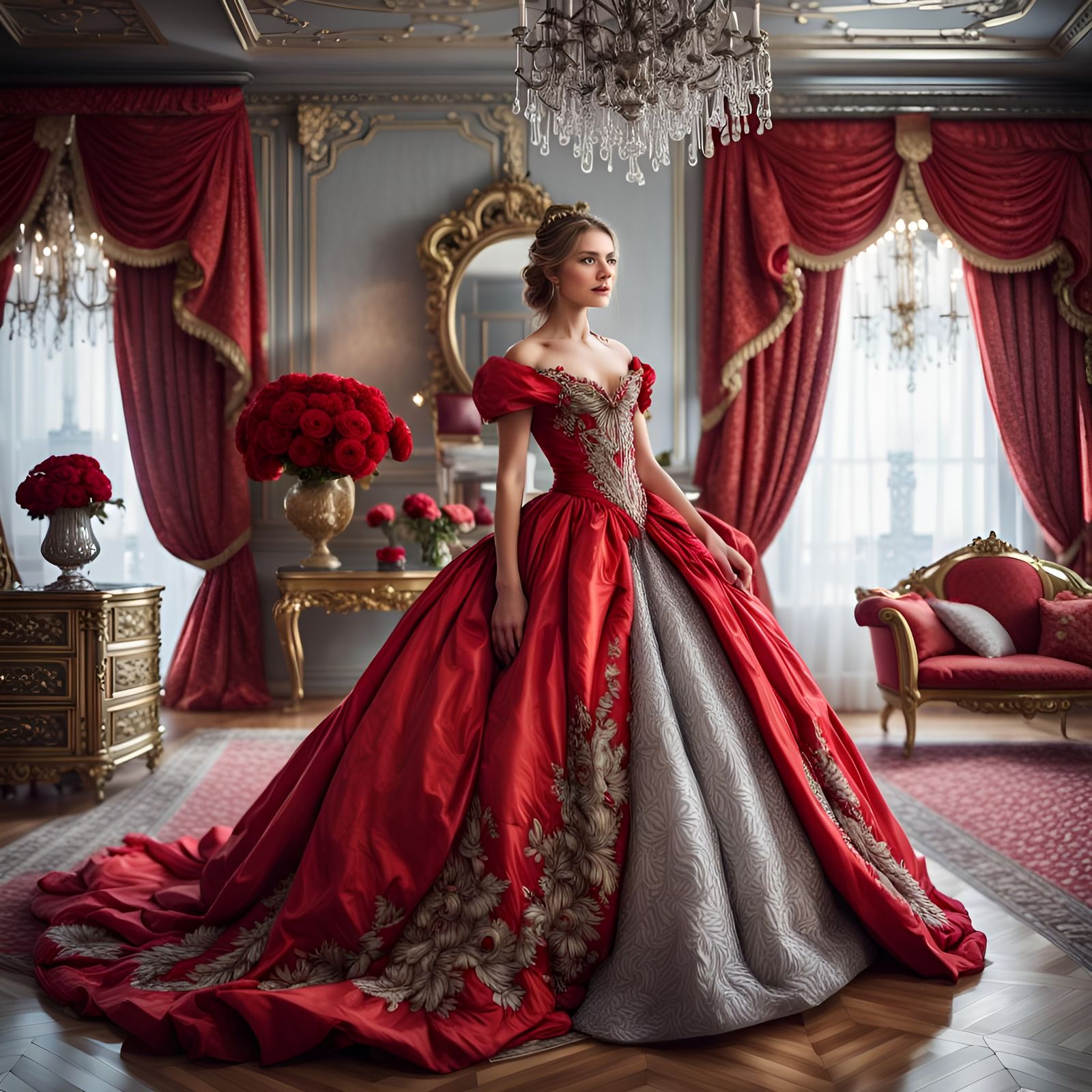Beautiful Princess in Red Gown Holding Flowers