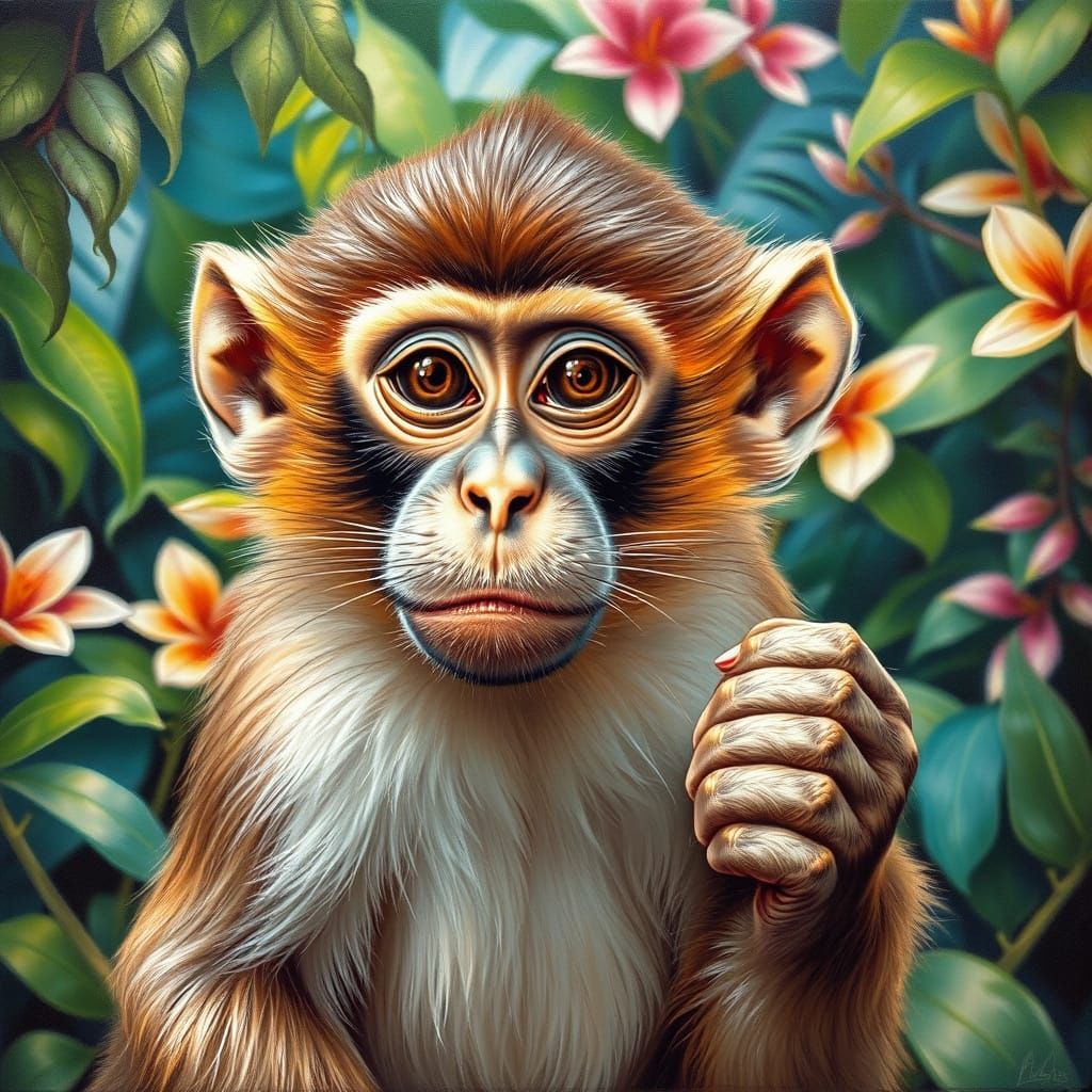 Mischief in the Jungle: A Curious Monkey in Oil Painting