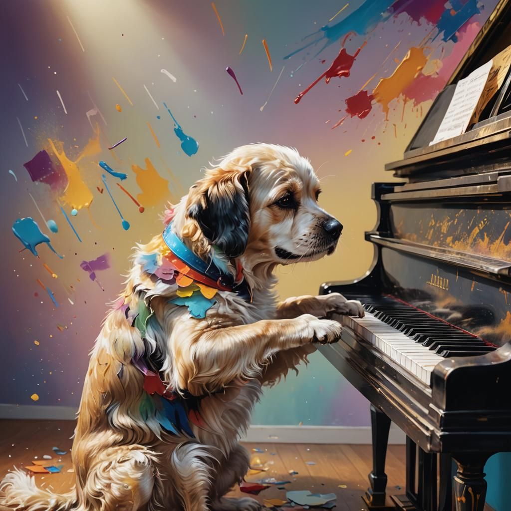 Hyperrealistic Dog Plays Piano with Colorful Background
