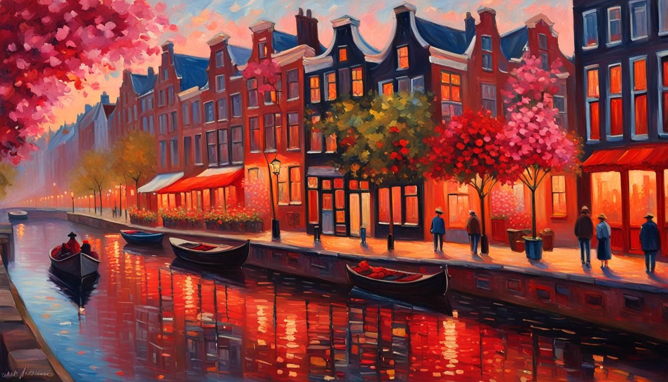 Amsterdam Red Light District in Impressionistic Style