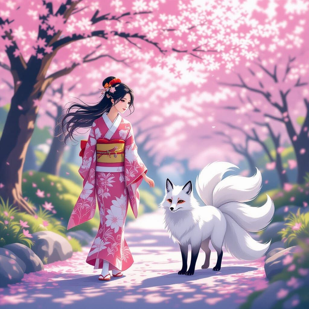 Woman and Nine-Tailed Fox in Sakura Garden