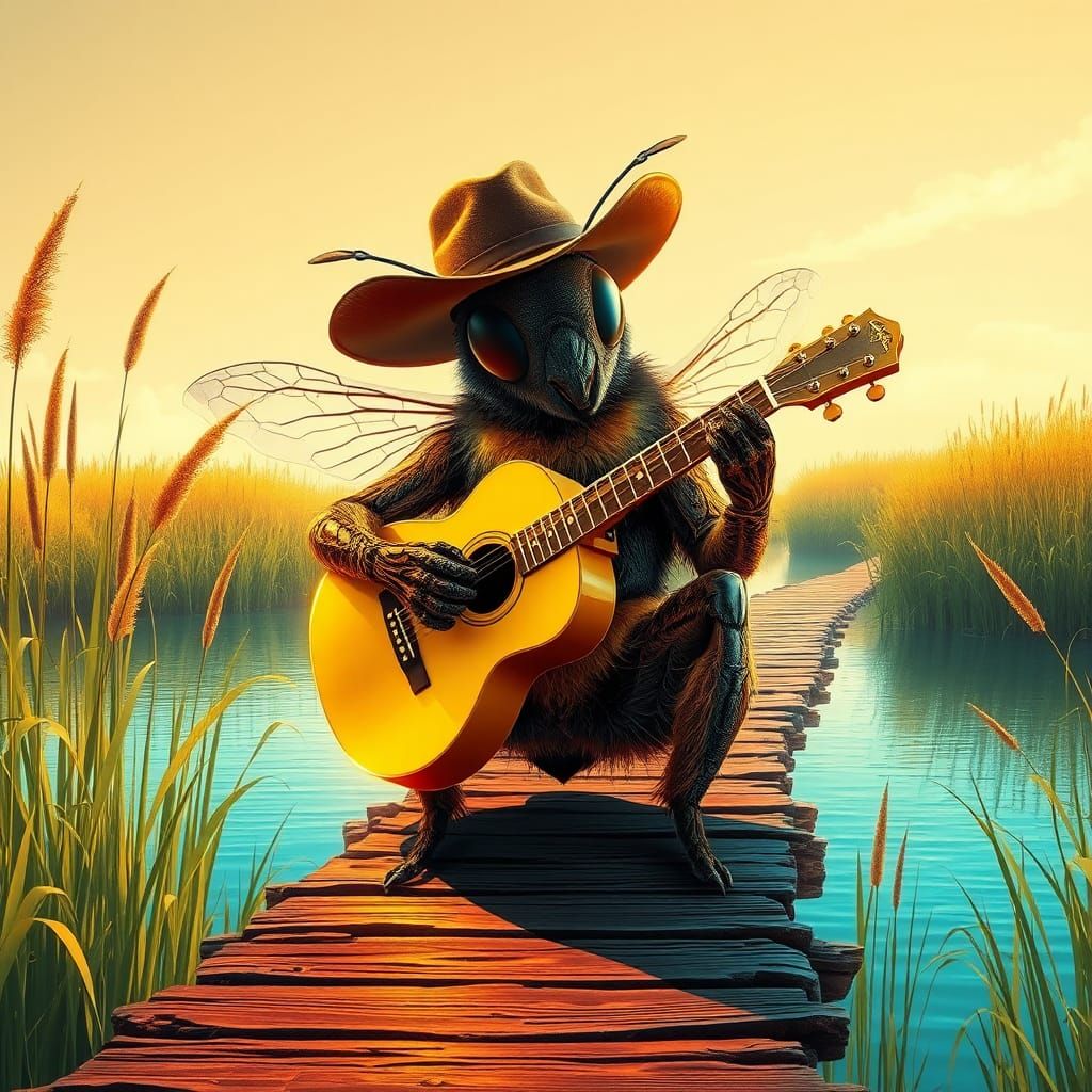 Neon Bee Cowboy Plays Guitar: Hyperrealistic Splash Art