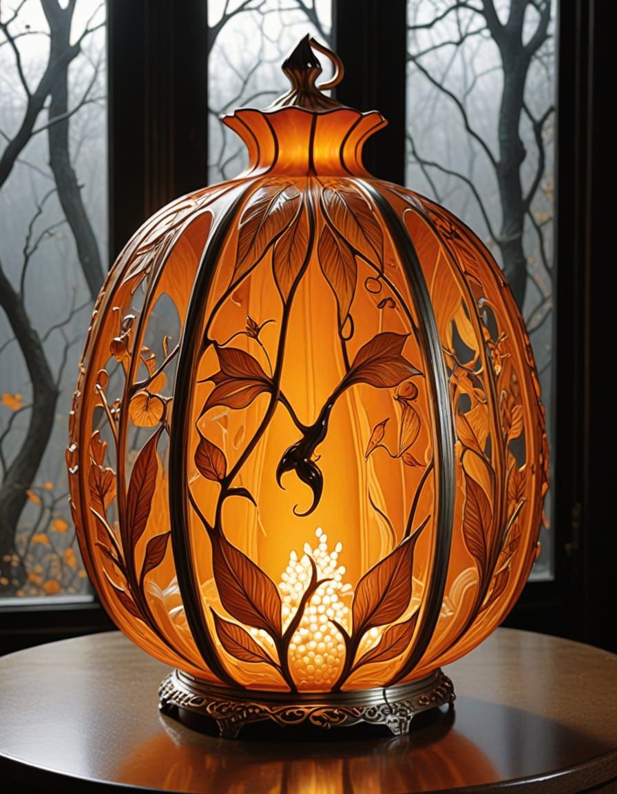 Art Nouveau Halloween Lantern with Corn and Pumpkin