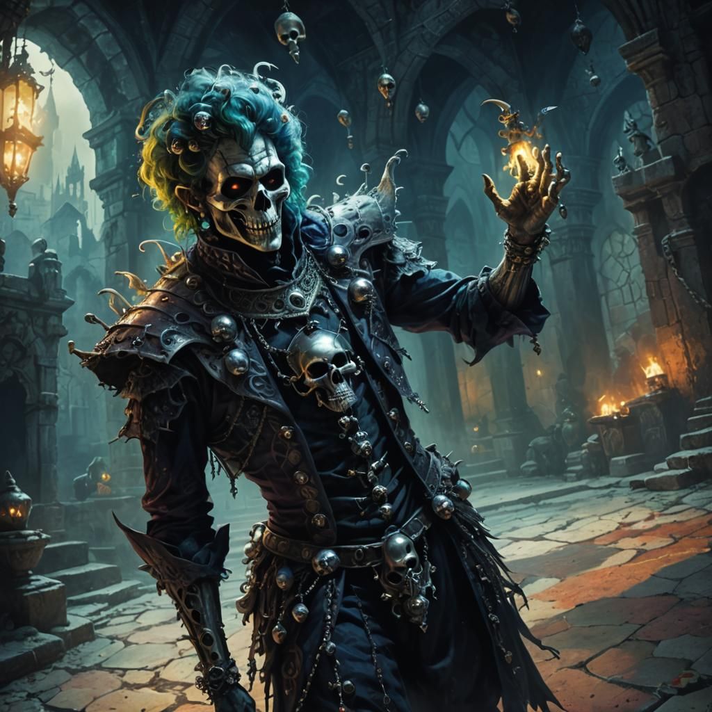 Sinister Jester Running in Dark Fantasy Style