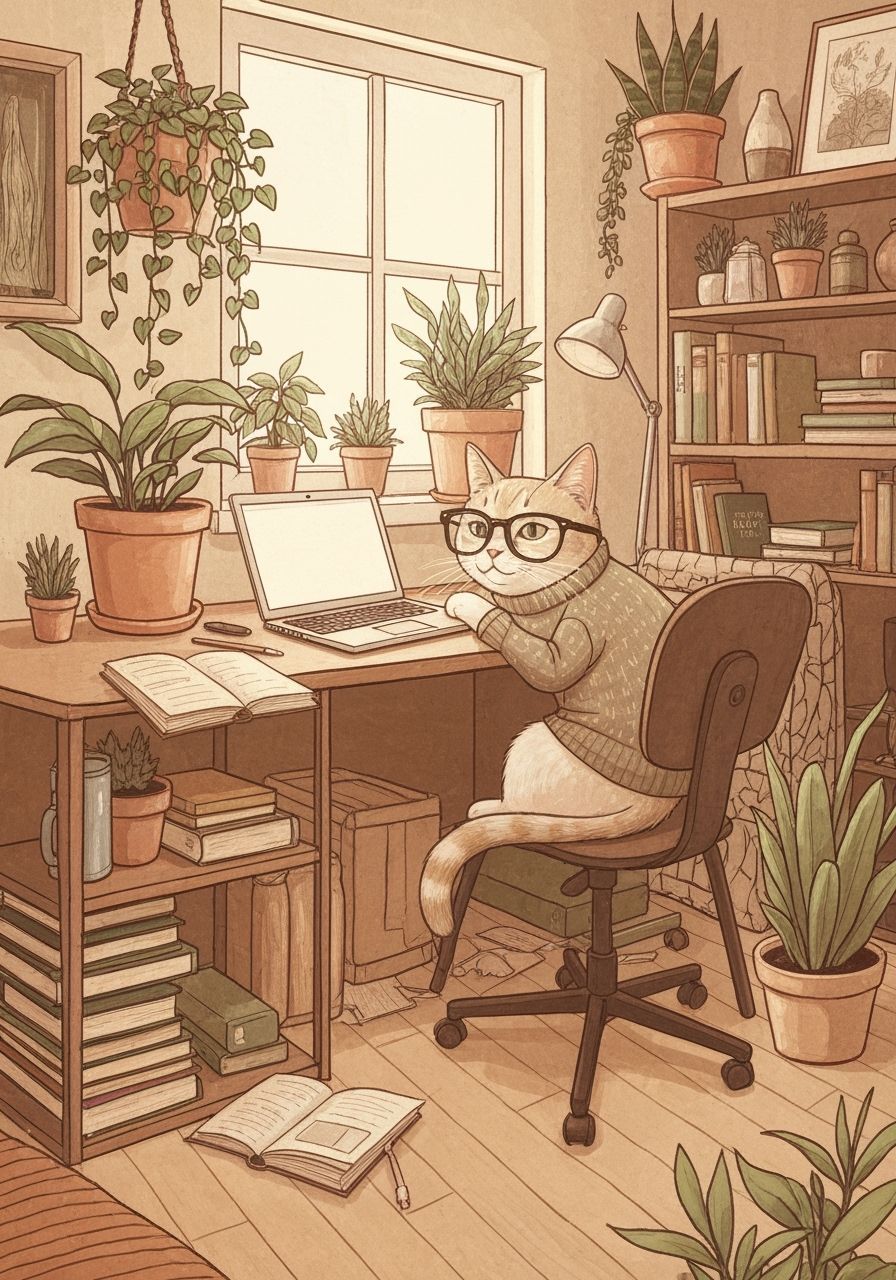 Millennial Cat Lounging in a Ciurlionis Style Workspace