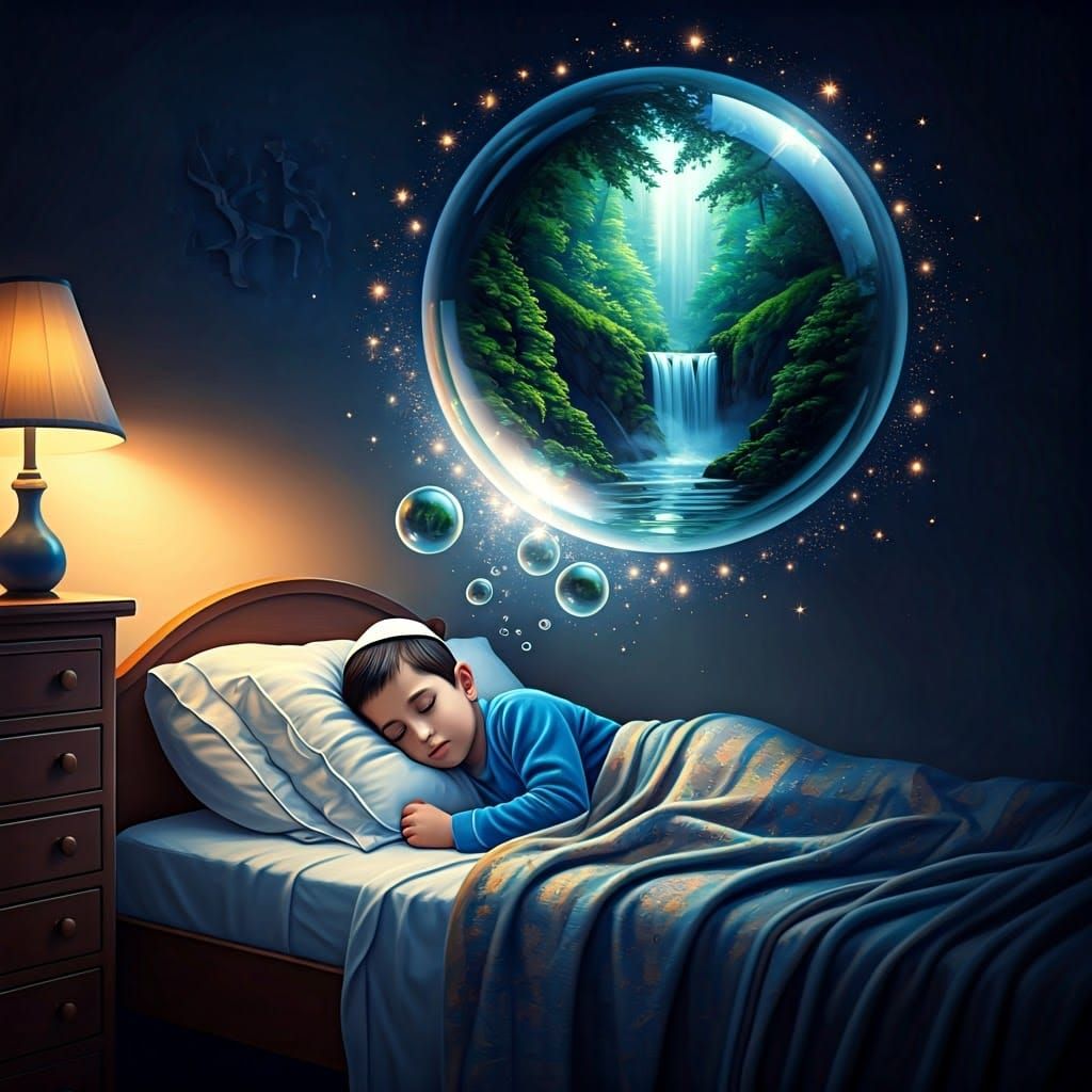 Ultra-Orthodox Boy's Dreamy Slumber in a Whimsical Scene