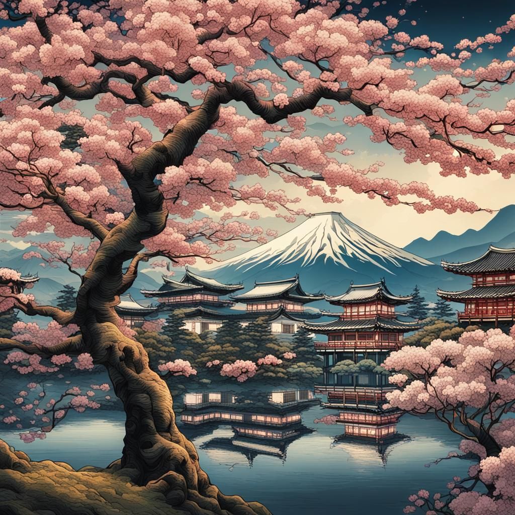 Ukiyo-e Cherry Trees in Hyperrealistic Style