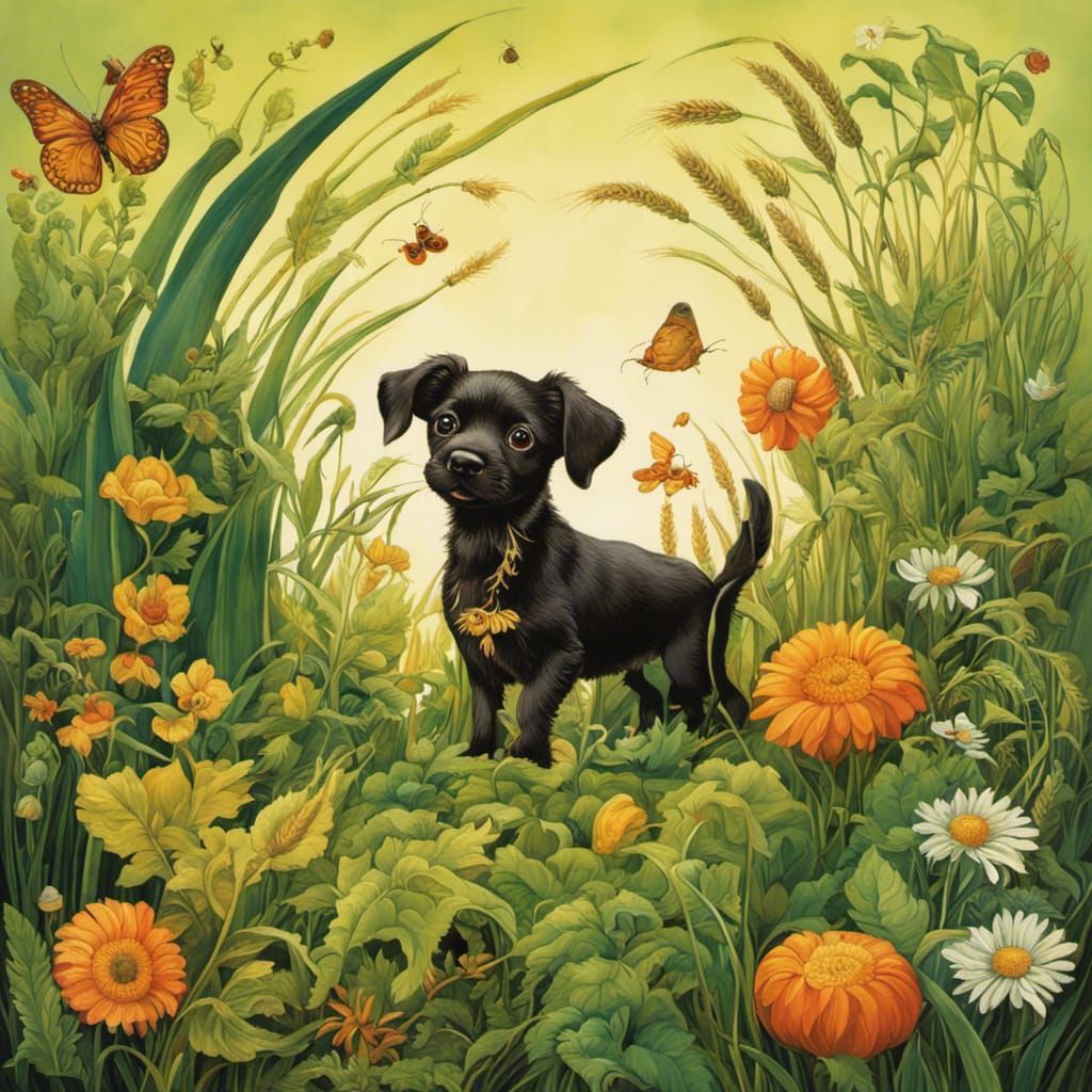 Botanical Puppy Illustration in Surrealist Style