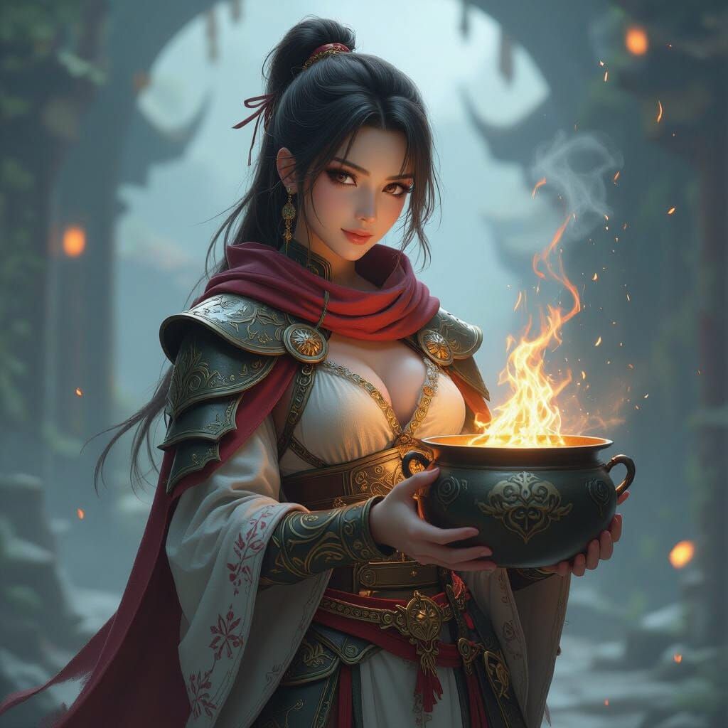 Anime Woman with Cauldron in Mystical Setting