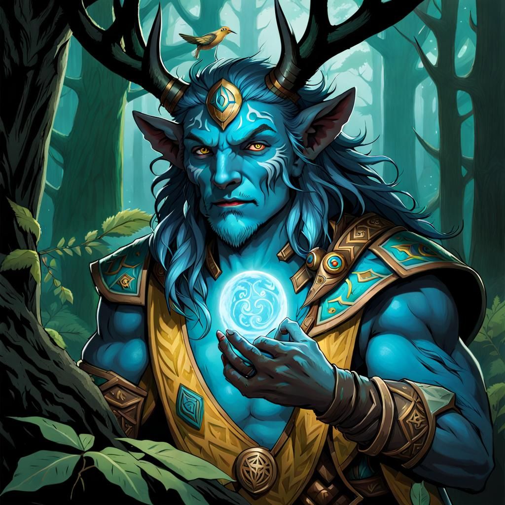 Azure Firbolg Druid Heals Bird with Aura