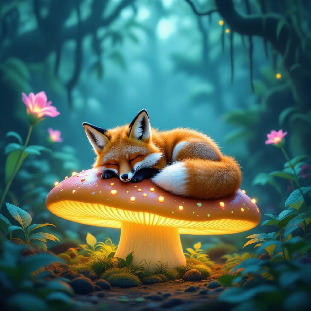 Bioluminescent Fox Sleeps on Glowing Mushroom in Alien Jungl...