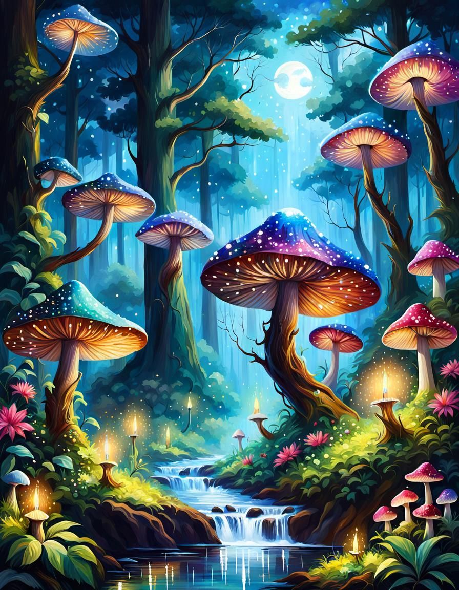 Sparkling Magical Mushroom Forest at Night