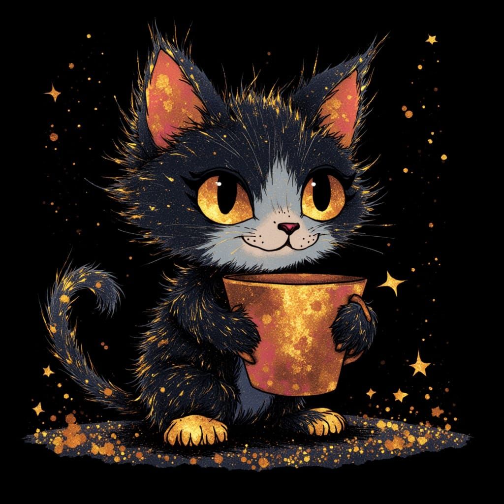 Playful Cartoon Cat Holds Cup in Whimsical Metallic Style
