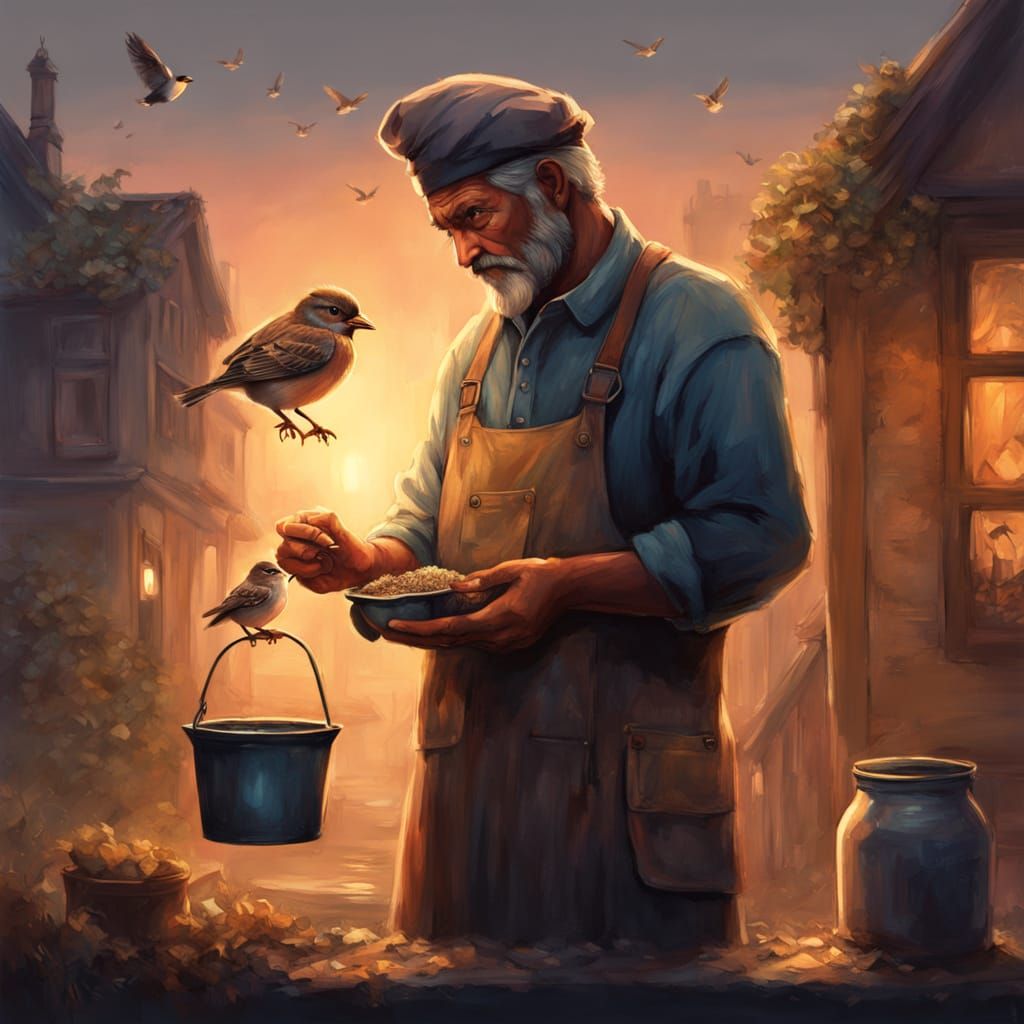 Kind Janitor Feeds Sparrow at Twilight