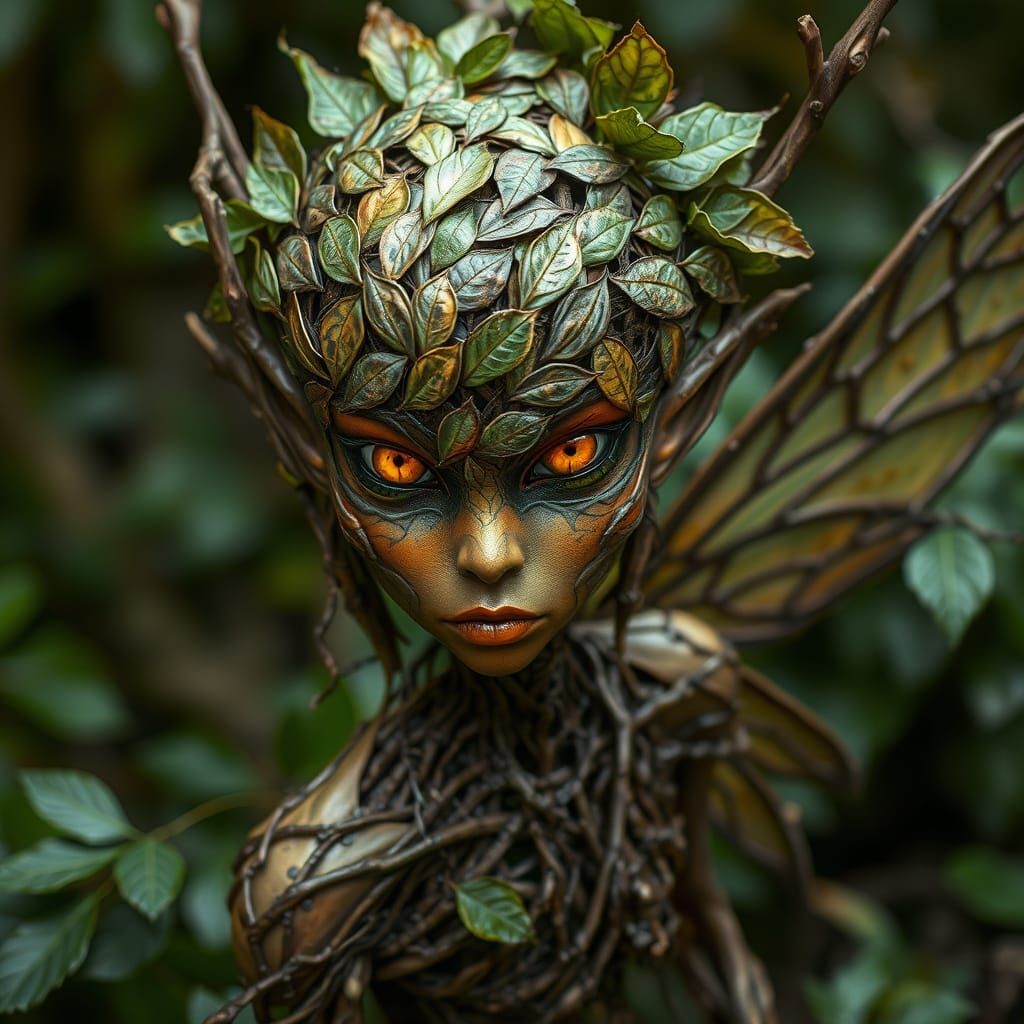 Enchanted Forest Faerie in Twisted Wood and Leafy Delight