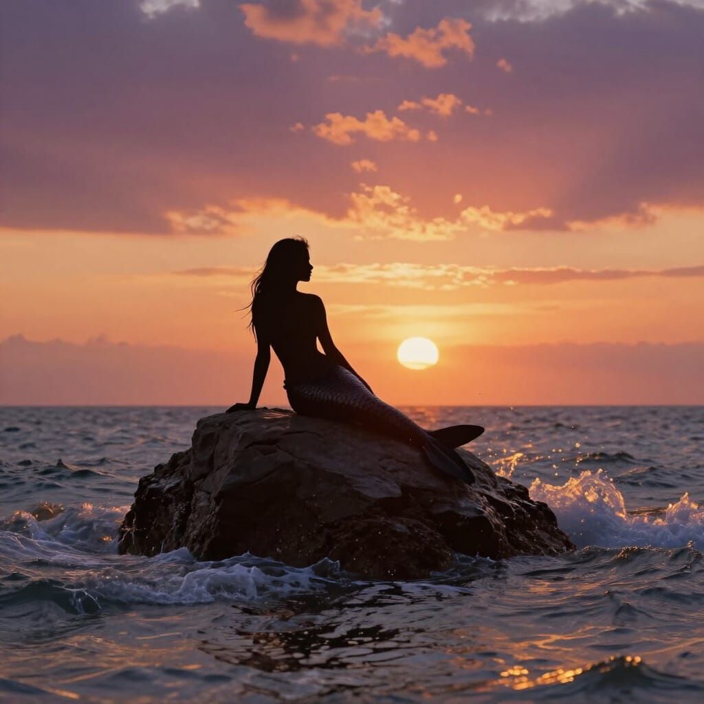 Mermaid Silhouette on Rock at Sunset, Painterly Gradients