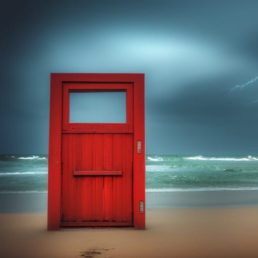 Red Door on Stormy Beach: Professional Photography