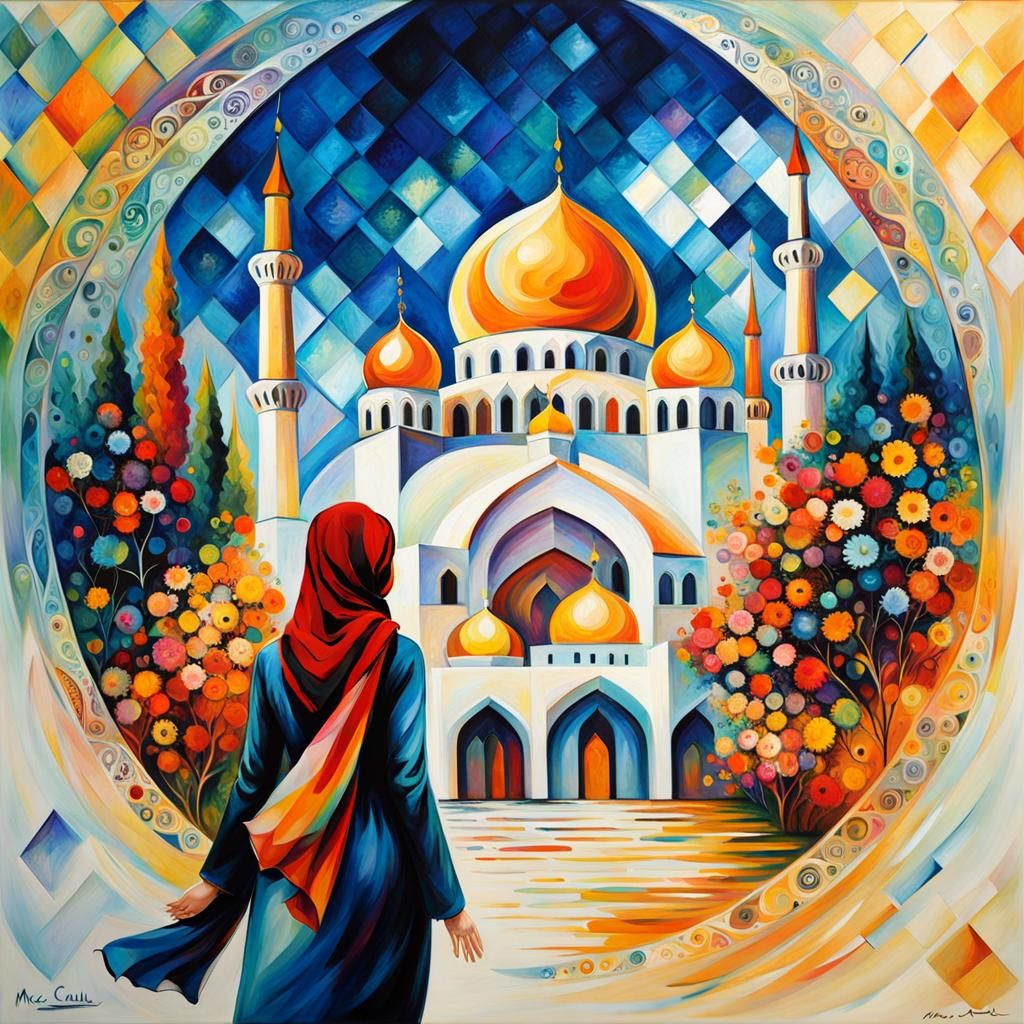Woman Walking to Mosque in Chagall Afremov Style