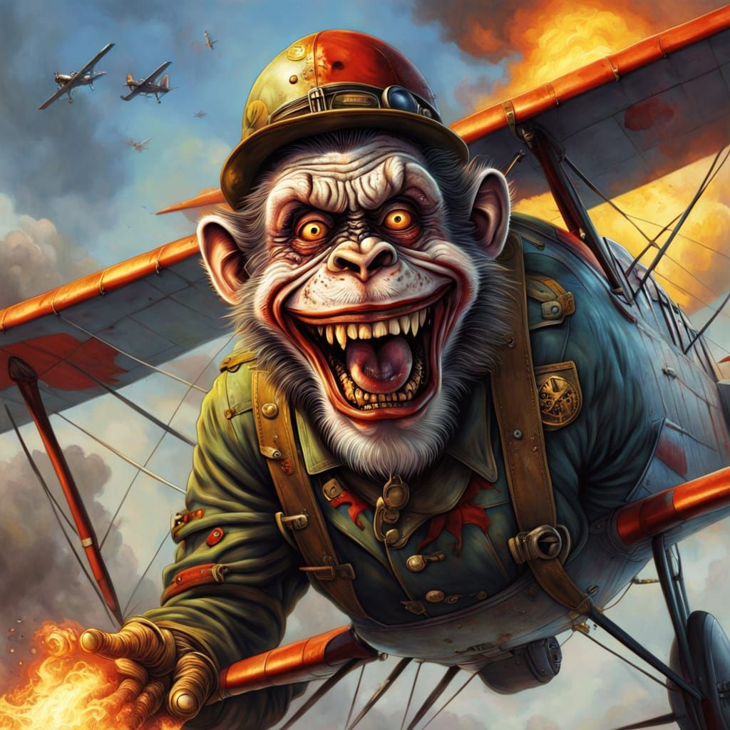 Zombie Monkey Clown in WWI Biplane