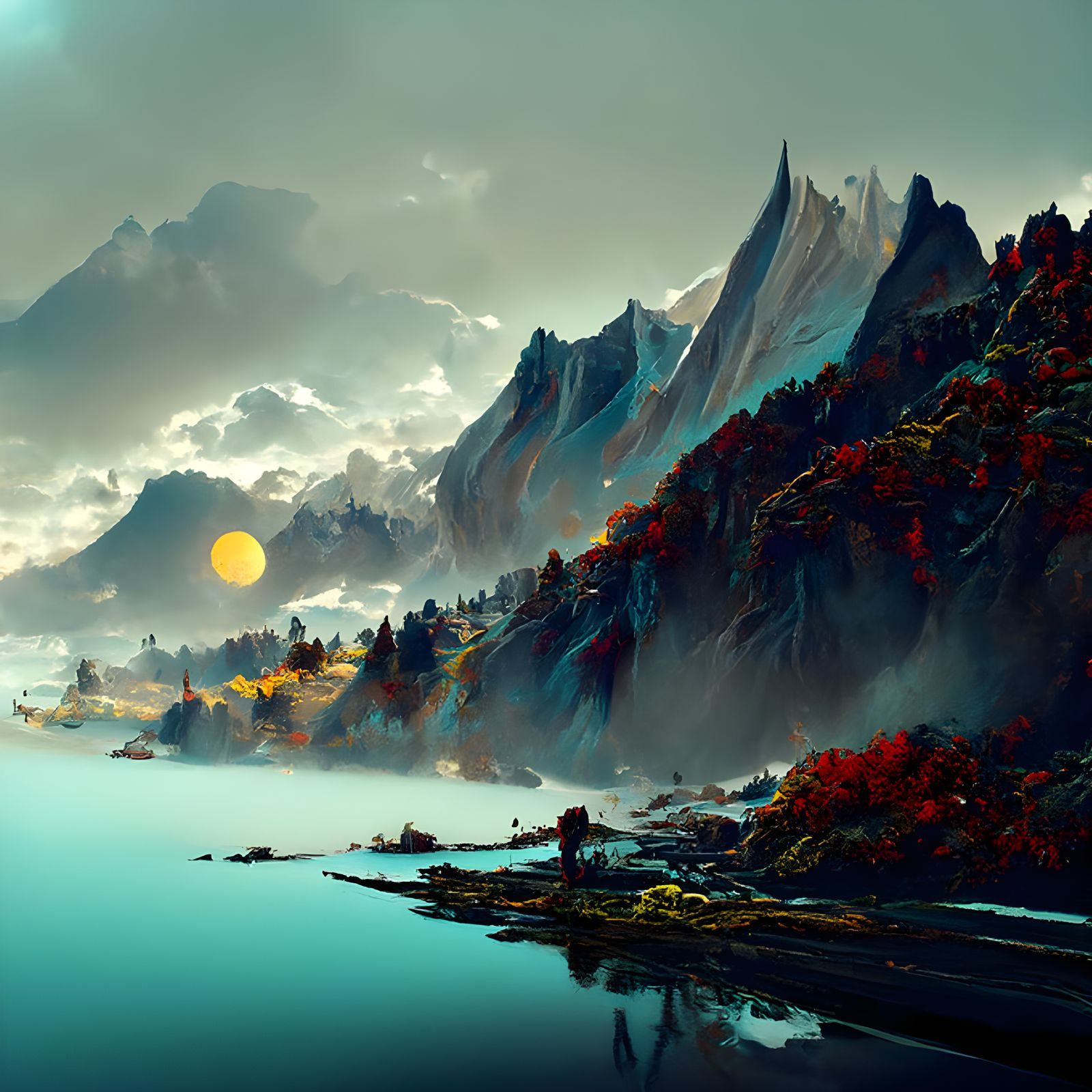 Hyperrealistic Mountain Range Above Calm Sea