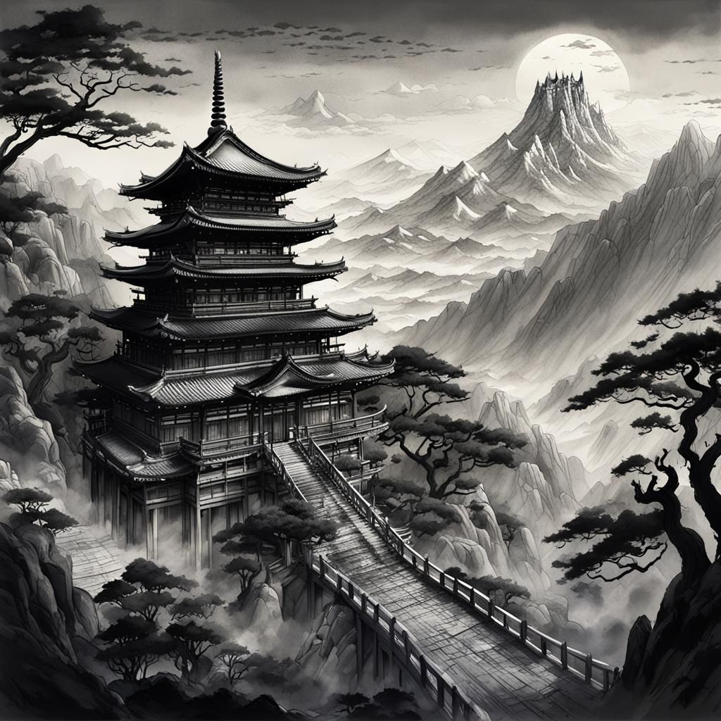 Japanese Temple Sumi-e Ink Painting