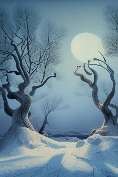 Surreal Winter Landscape with Owls and Pixies