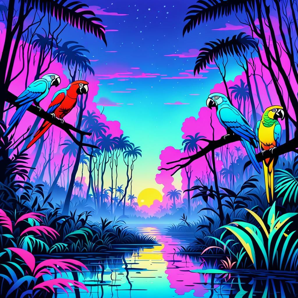 Neon Parrots in Synthwave Retro Jungle