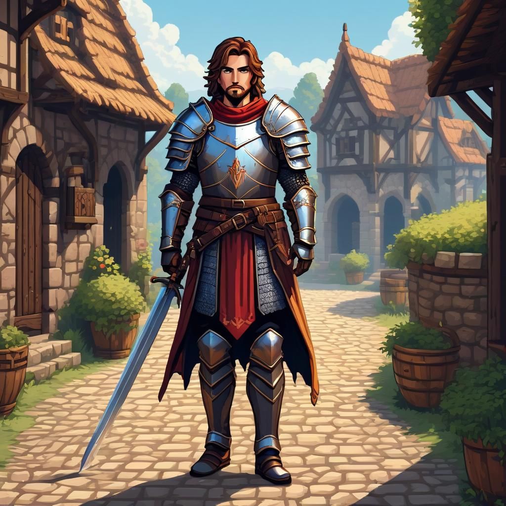 View of a warrior in simple shoulder-to-waist armor pixel ar...