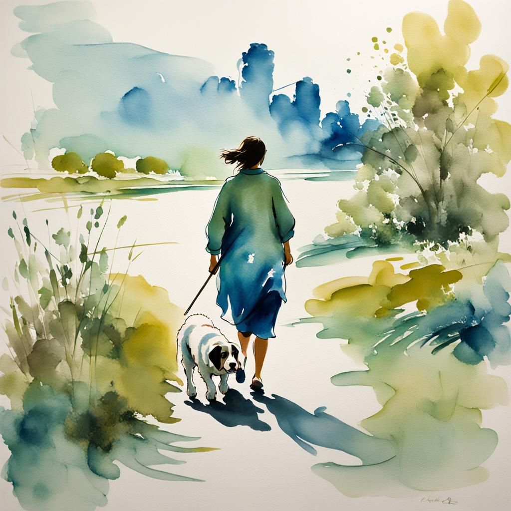 Woman Walking St. Bernard: Sumi-e Ink Wash Art
