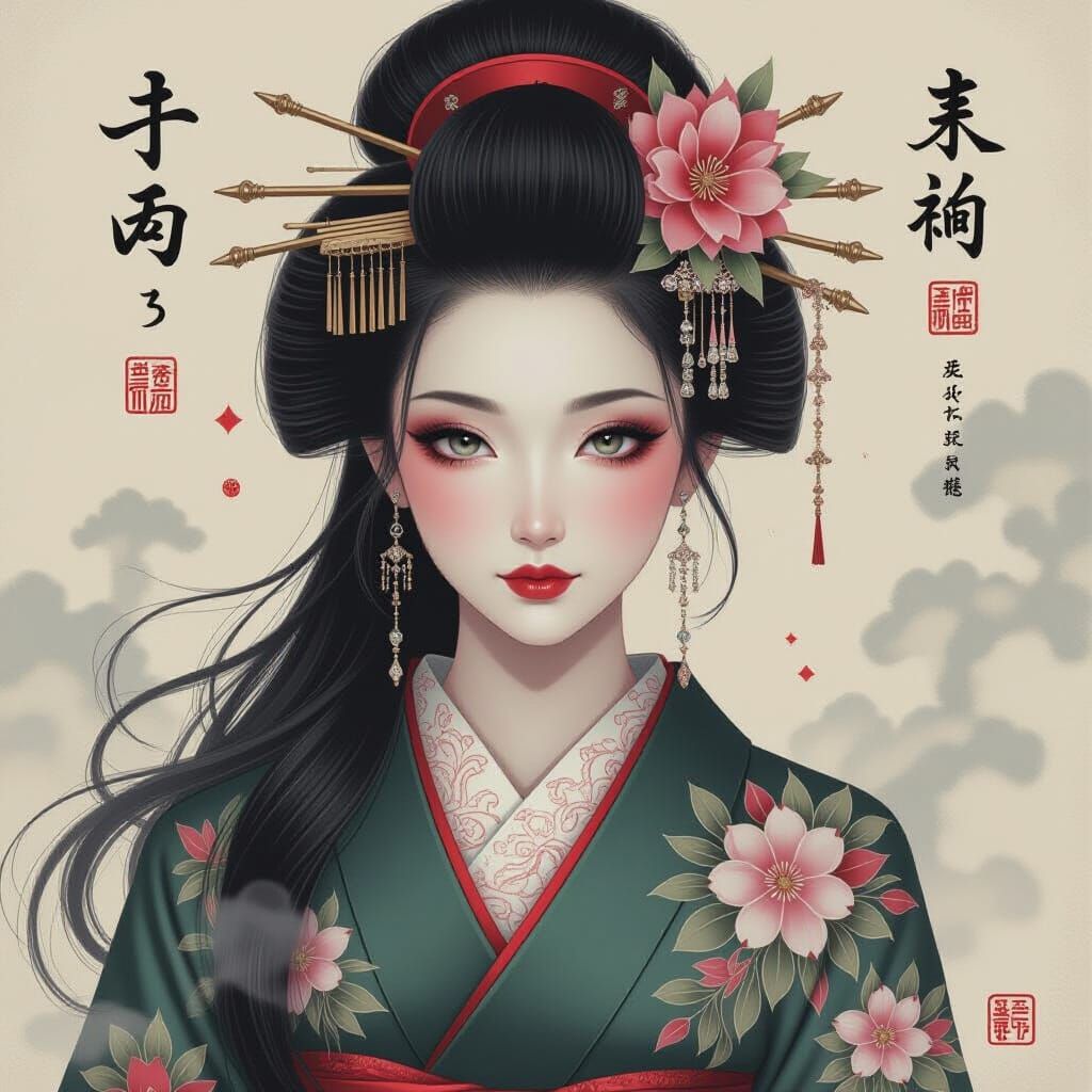 Mysterious Nymph with Geisha Elements in Pastel Style