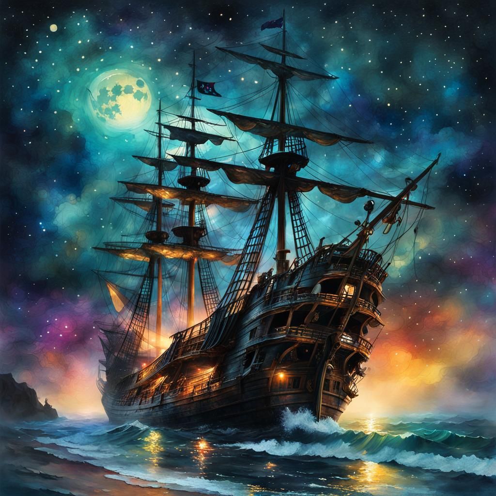 Eerie Ghost Pirate Ship at Night: Digital Painting