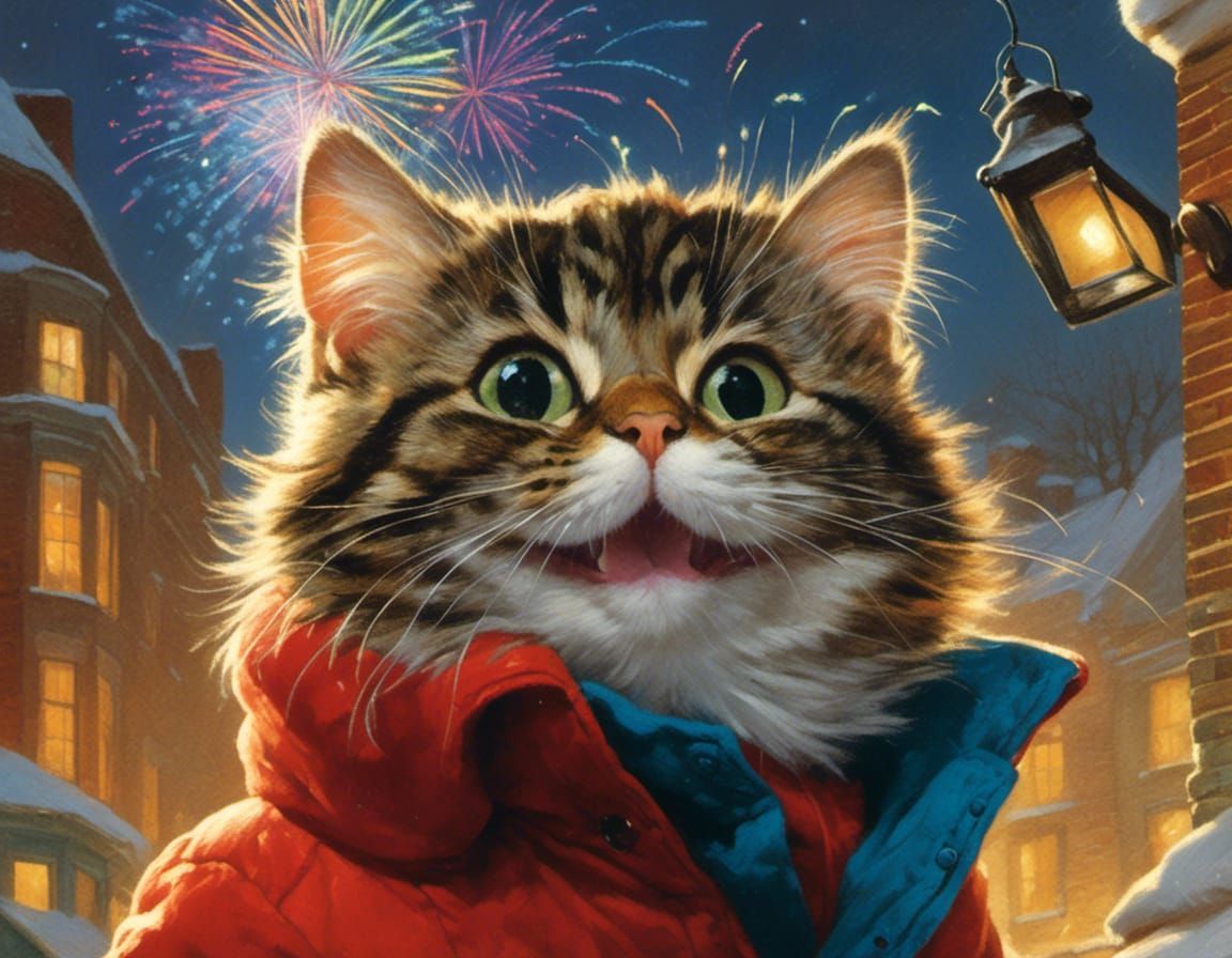 Happy New Year's Cat Illustration in Hyperrealism